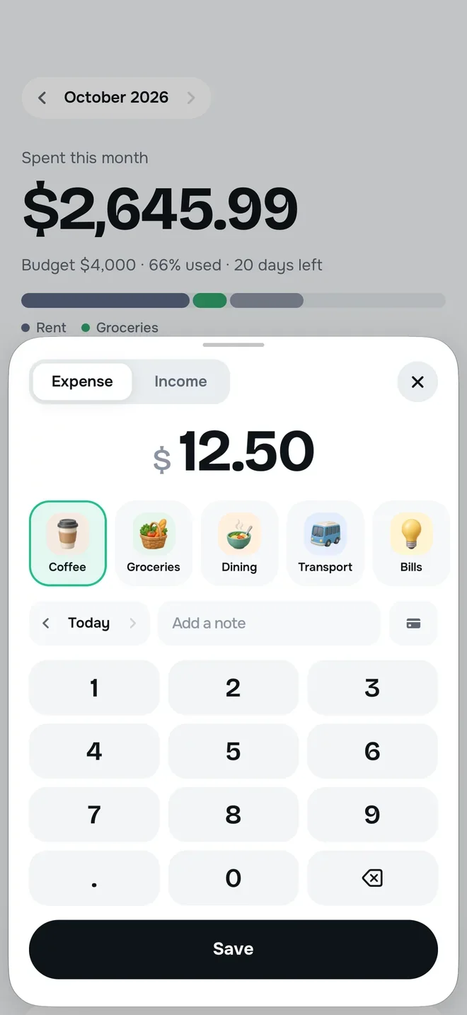 New entry: $12.50 on the keypad, with Coffee, Groceries, Dining, Transport and Bills up front