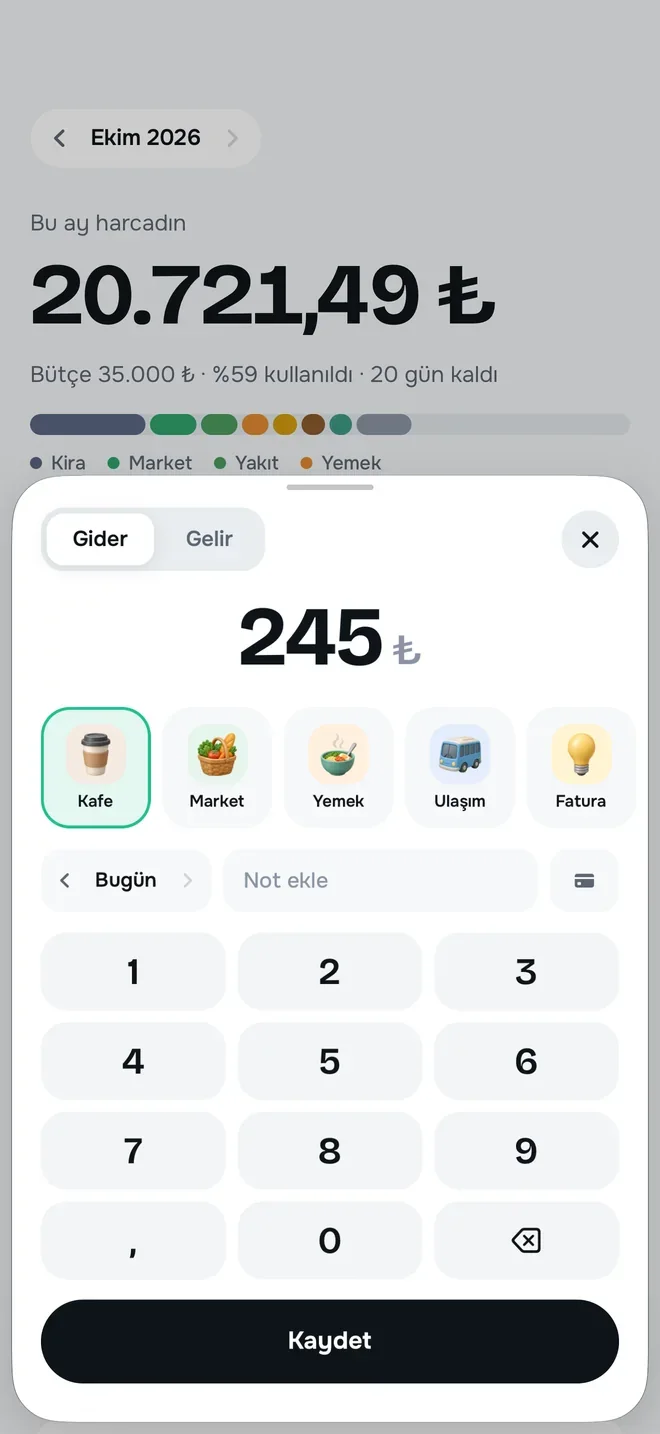 Yeni kayıt: 245 ₺ yazılmış tuş takımı, önde Kafe, Market, Yemek, Ulaşım ve Fatura