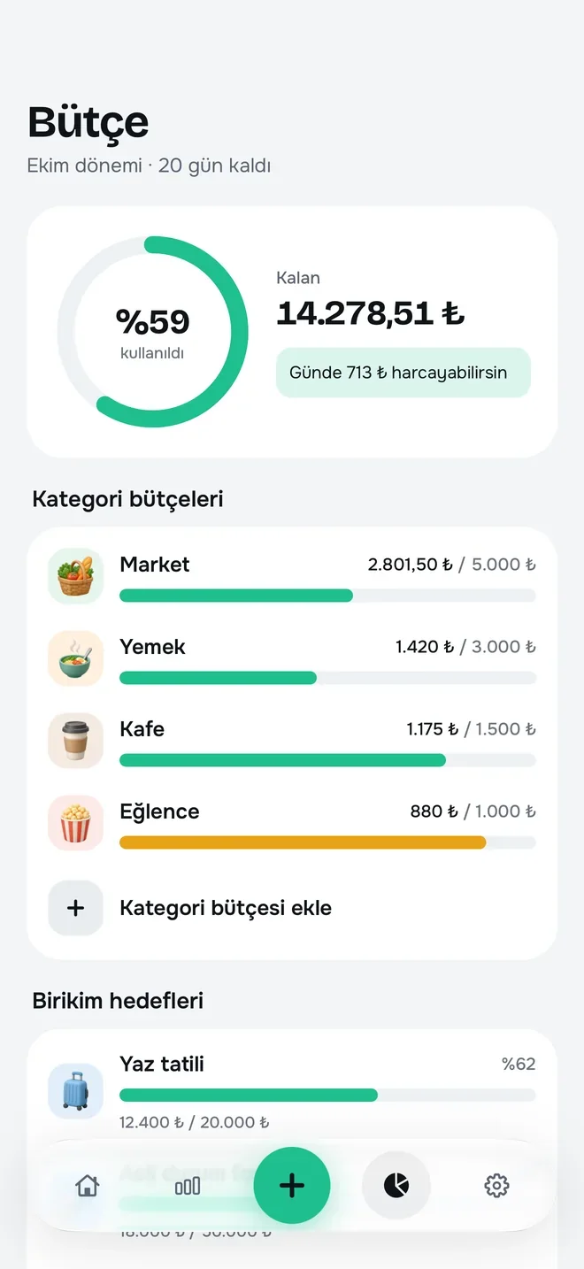 Bütçe: %59’u kullanılmış halka, günlük harcanabilir tutar, kategori bütçeleri ve birikim hedefleri