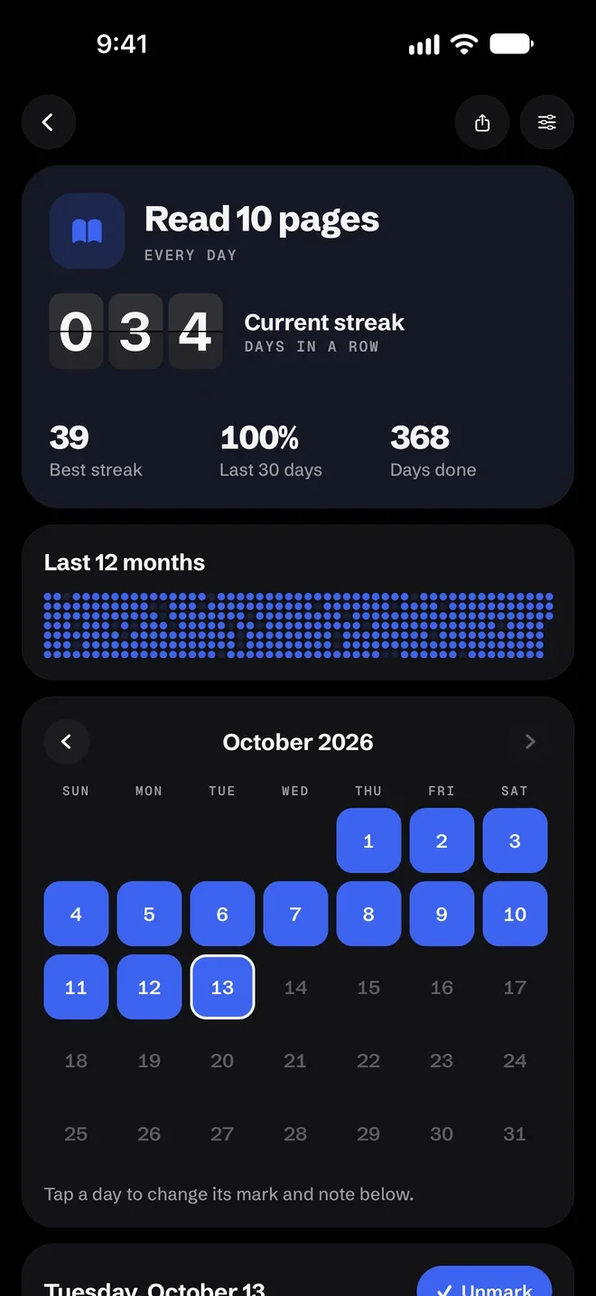 Read 10 pages in detail: a 034-day streak on flap tiles, best streak 39, 100% in the last 30 days, 368 days done and the October 2026 calendar