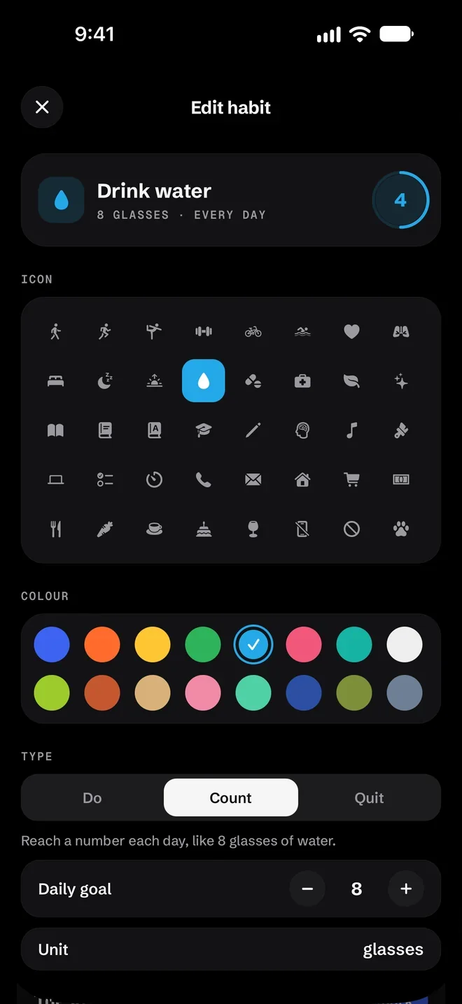 The Edit habit screen: Drink water with a goal of 8 glasses a day; 40 icons, 16 colours and the Do, Count and Quit types