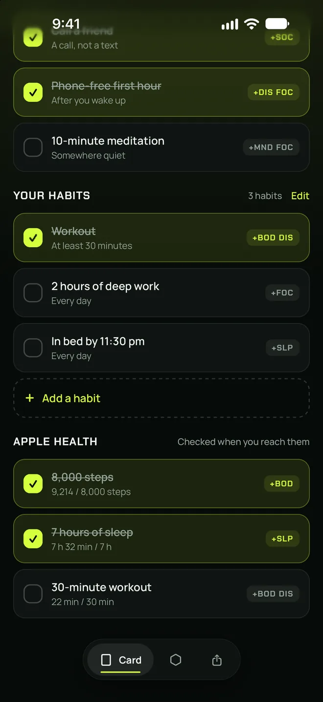 Apple Health tasks: 8,000 steps and 7 hours of sleep checked on their own