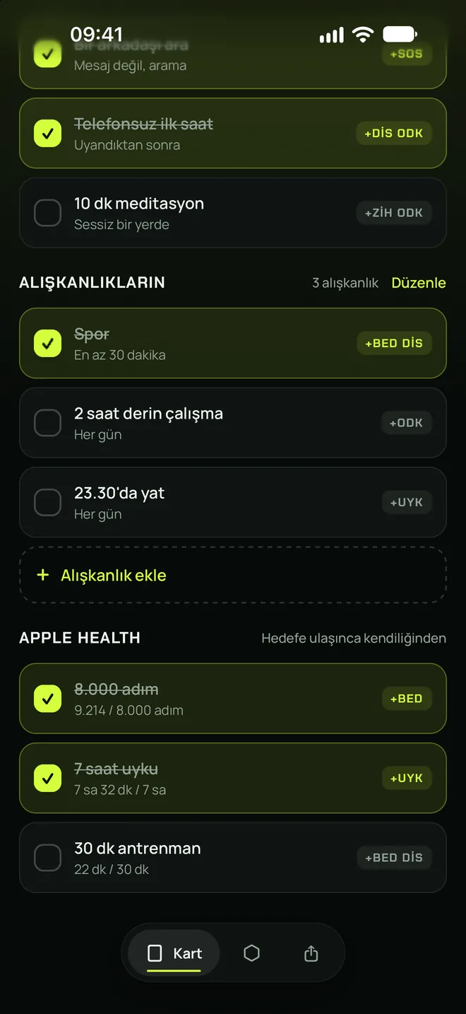 Apple Health görevleri: 8.000 adım ve 7 saat uyku kendiliğinden işaretlenmiş