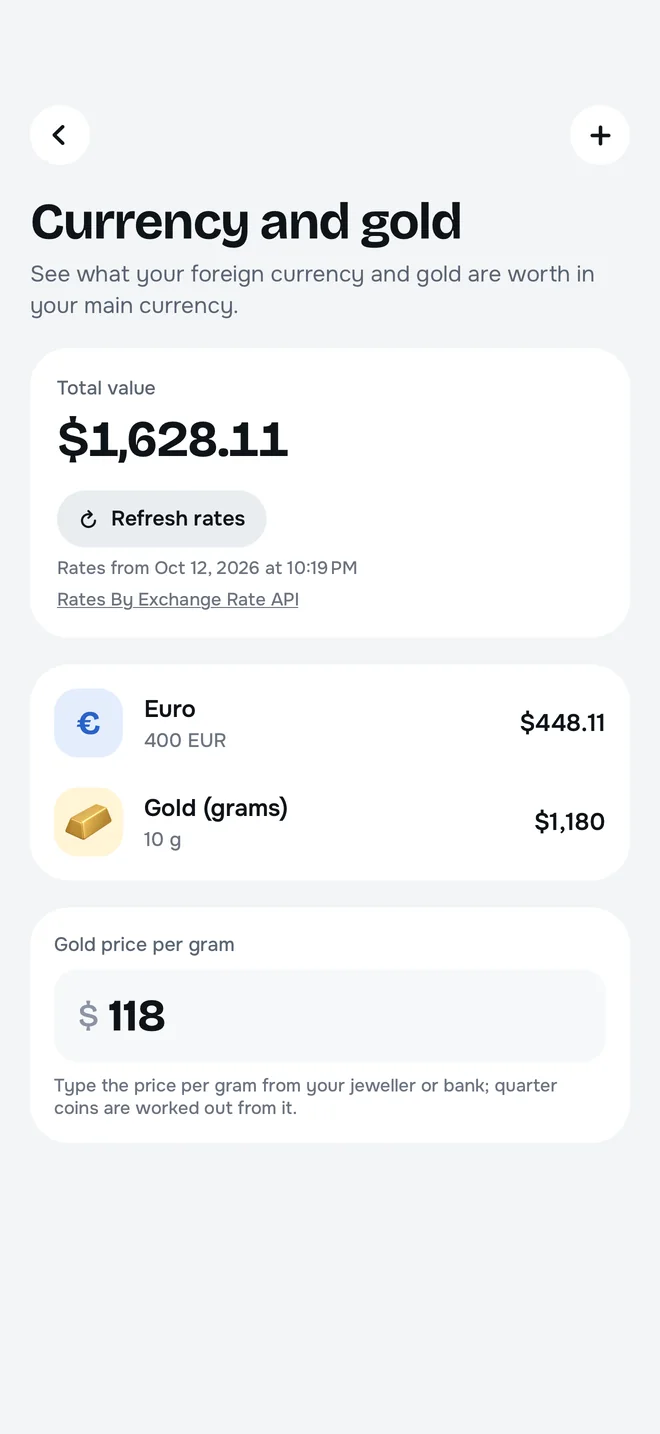 Currency and gold: euros and gold in grams, with their total value in dollars