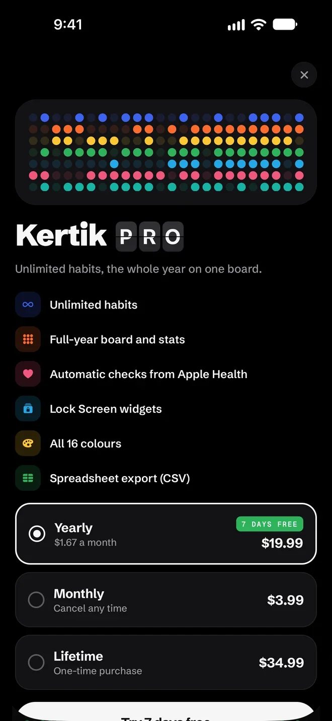 The Kertik Pro screen: the Pro features and the yearly, monthly and lifetime plans