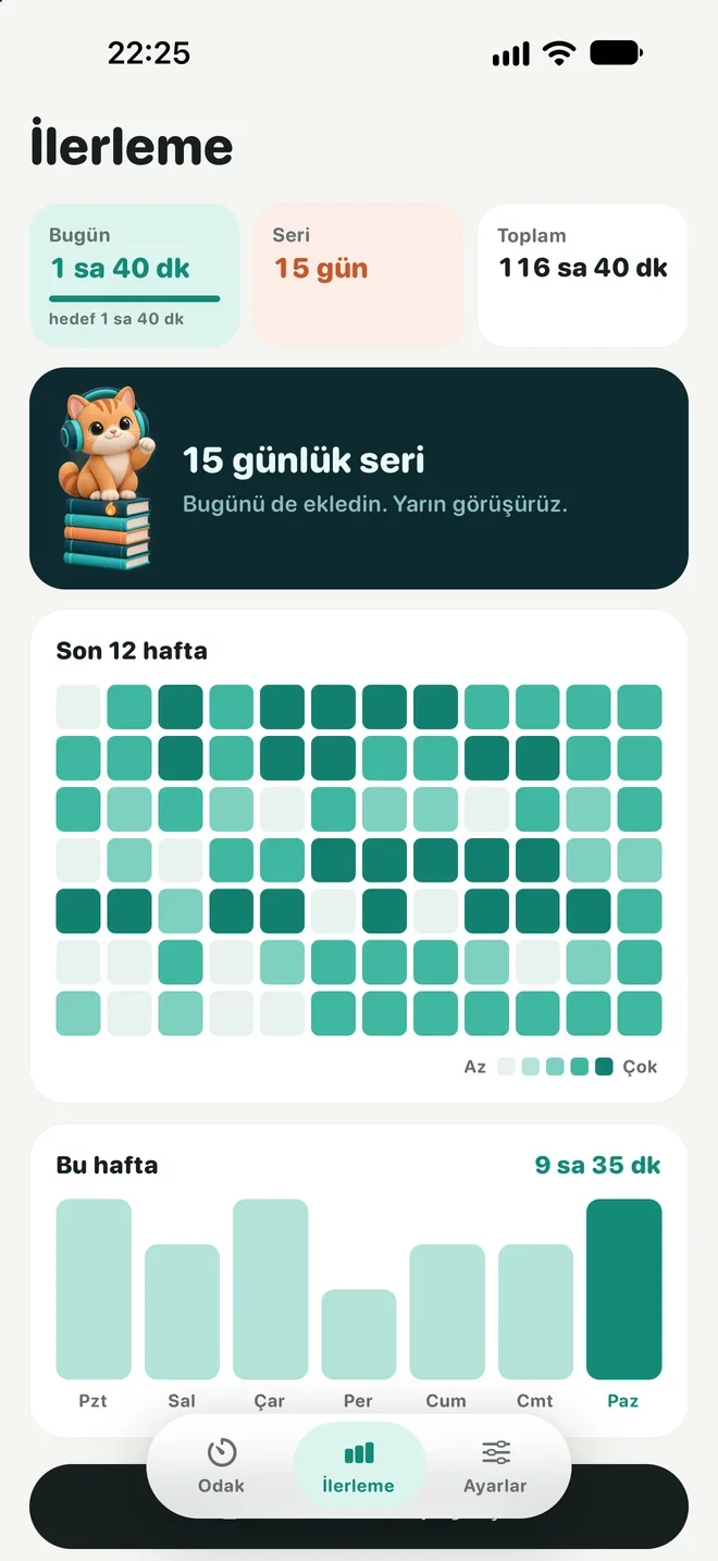 İlerleme ekranı: günlük seri, 12 haftalık ısı haritası ve haftalık grafik