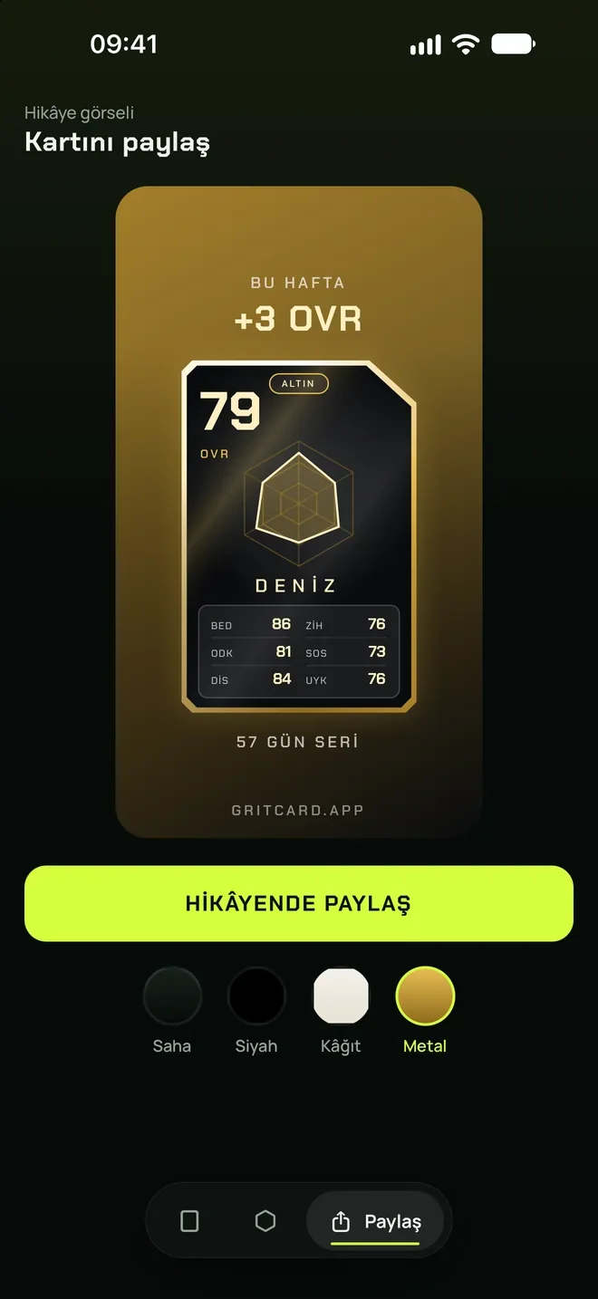 Paylaşım görseli: altın kart, bu hafta +3 OVR ve 57 gün seri