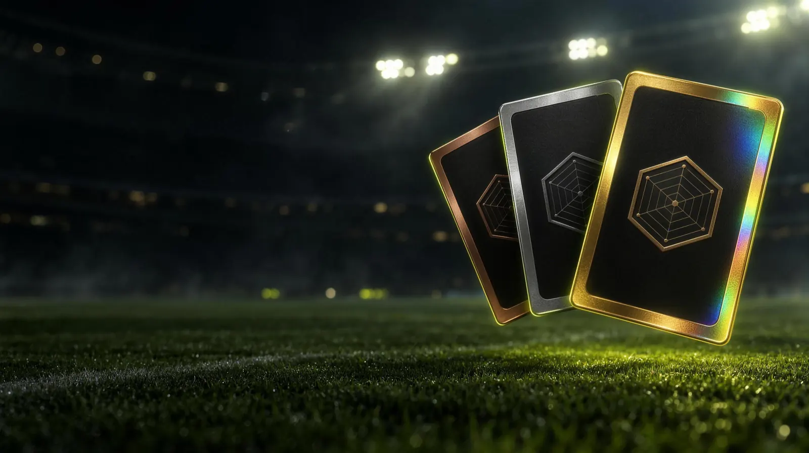 Bronze, silver and gold Gritcard cards under the lights of a night stadium