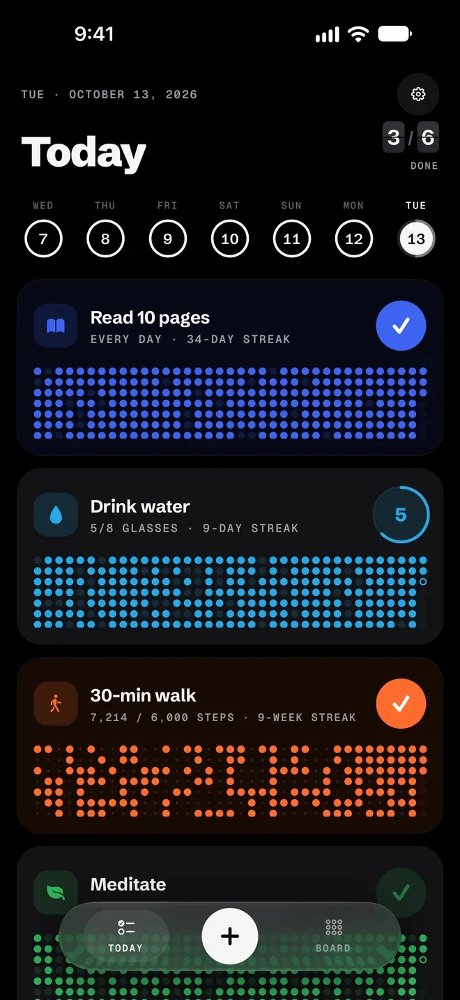 The Today screen in dark appearance: 30-min walk checked by itself at 7,214 of 6,000 steps