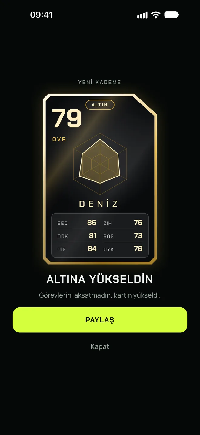 Yeni kademe: “Altına yükseldin” ekranı ve paylaş düğmesi