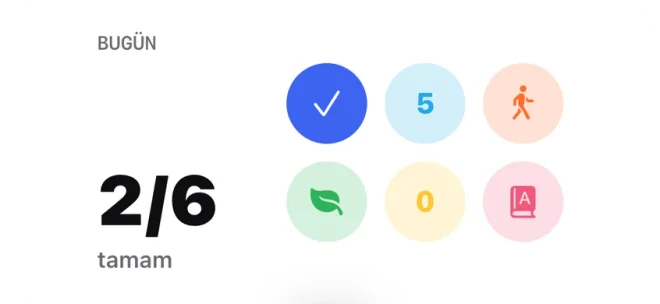 Kertik’in Ana Ekran widget’ı: Bugün 2/6 tamam yazısı ve altı alışkanlık için renkli daireler; ilk daire işaretli, sayılı alışkanlıkların dairelerinde 5 ve 0 yazıyor.