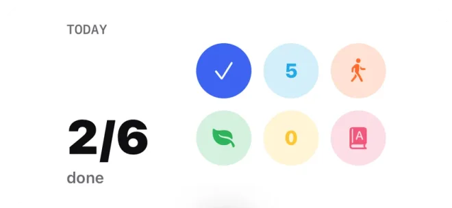Kertik’s Home Screen widget: Today, 2/6 done, with coloured circles for six habits; the first circle is checked and the counted habits show 5 and 0.