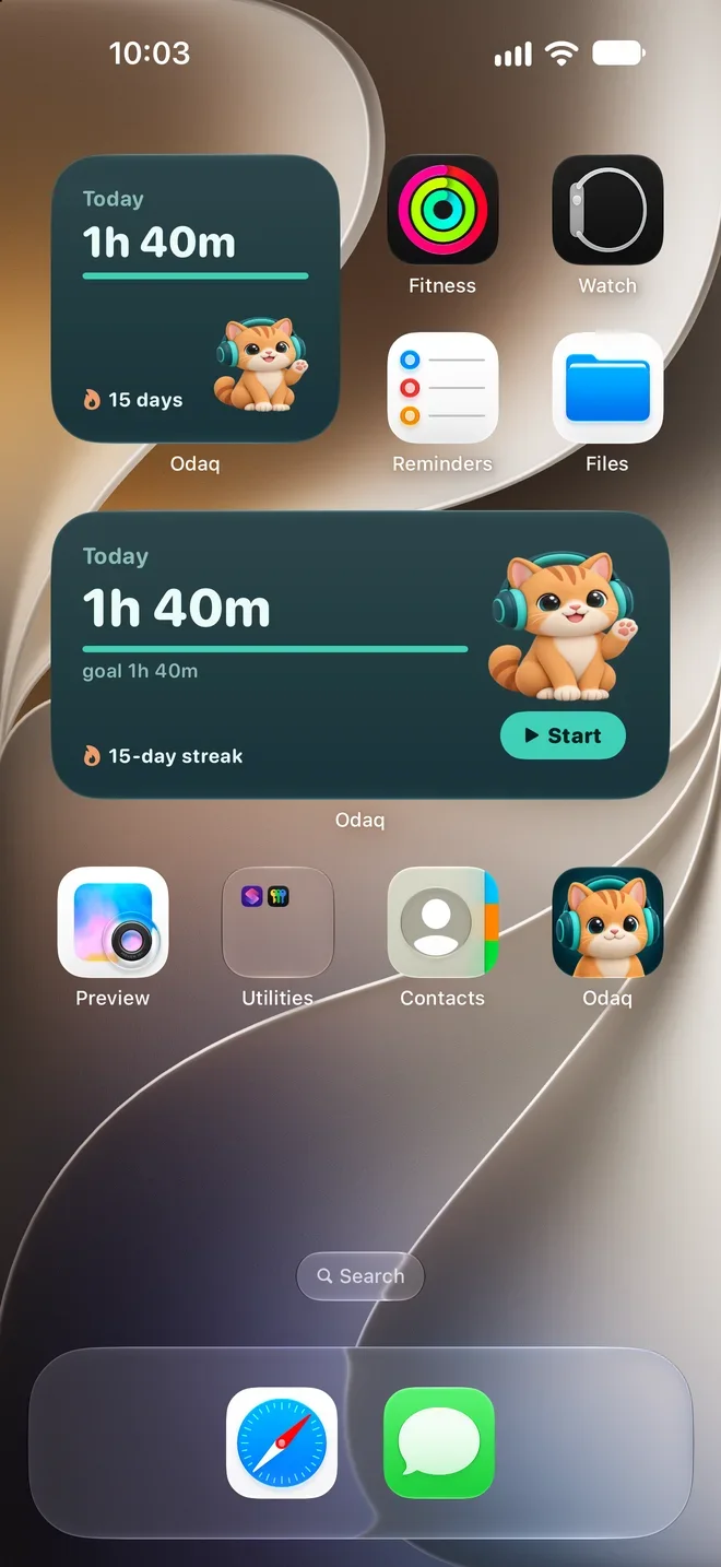 Odaq widgets on the Home Screen: today’s focus time and the cat