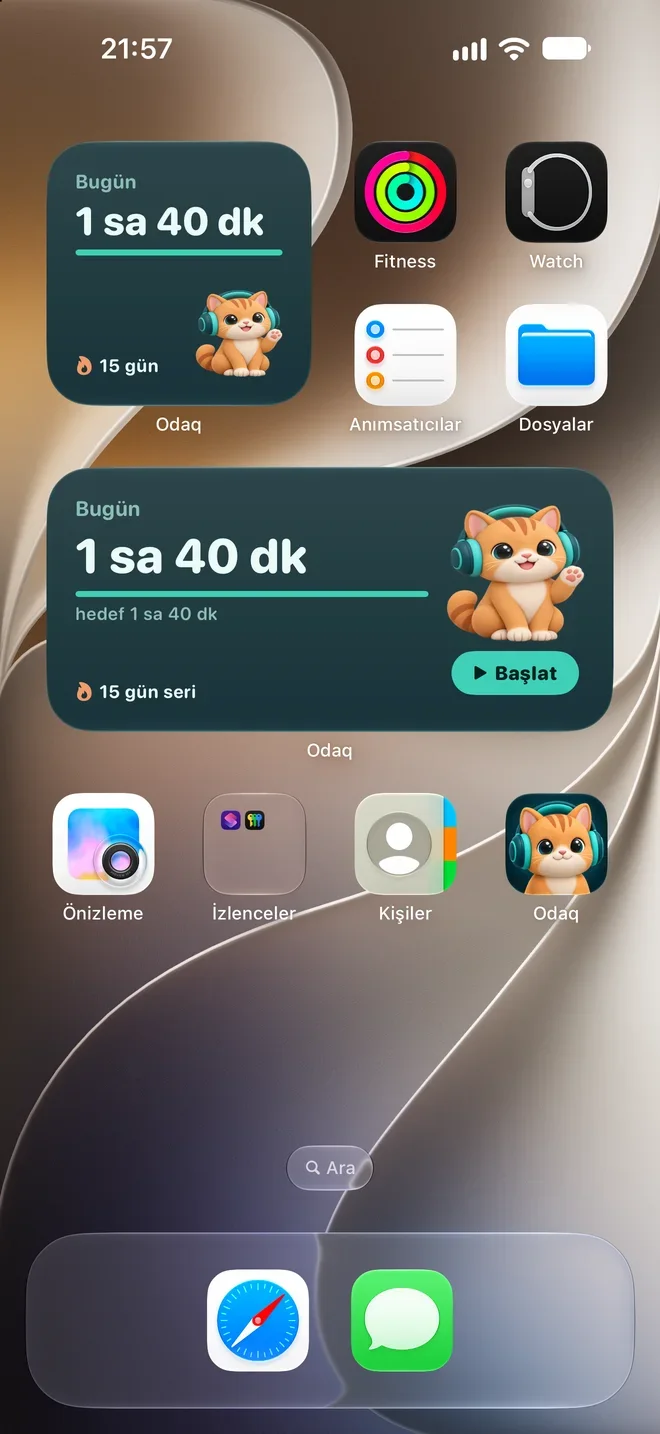 Ana Ekran’da Odaq widget’ları: bugünkü odak süresi ve kedi