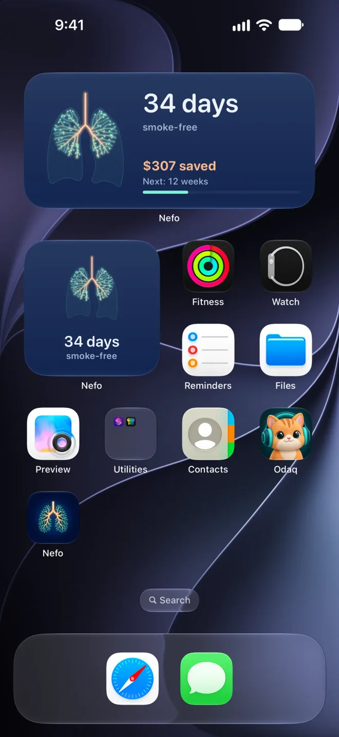 Nefo widgets on the Home Screen: smoke-free days and savings