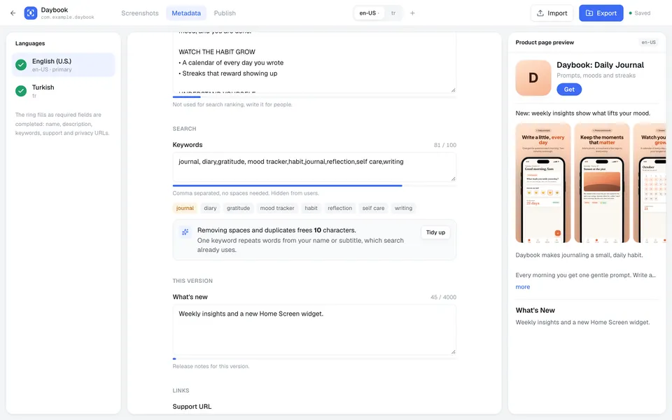 Framelane store text screen: keywords, character counter and a product page preview