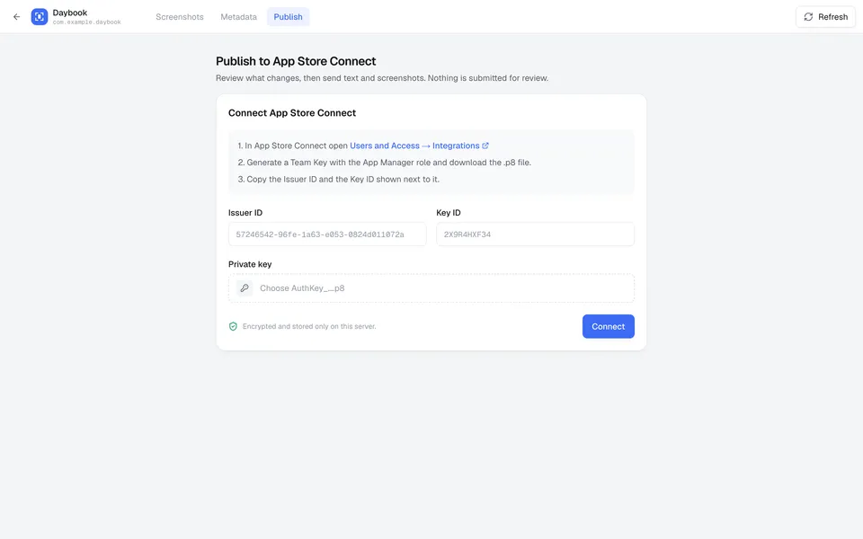 Framelane publish screen: connecting App Store Connect
