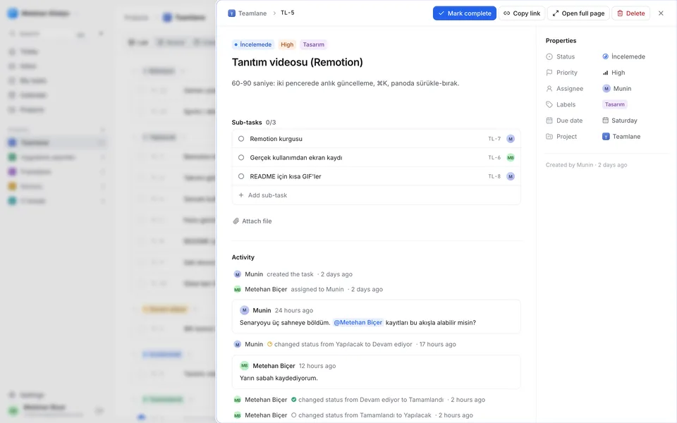 Teamlane task detail: subtasks, properties and the activity feed with comments